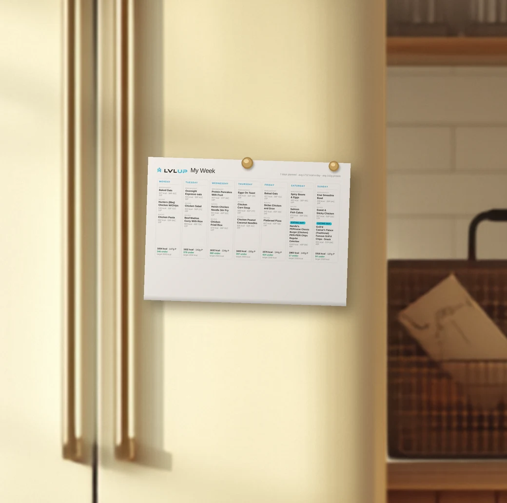 The printed LVL UP week plan held by magnets on a fridge door in a family kitchen