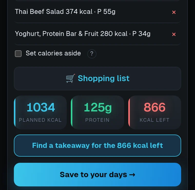 Step 2 in the app: a day being built, with 866 calories left and a button to find a takeaway that fits