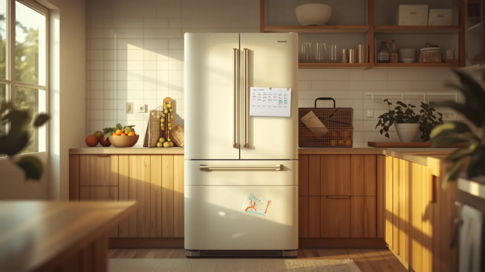 A family kitchen with the printed LVL UP week plan on the fridge