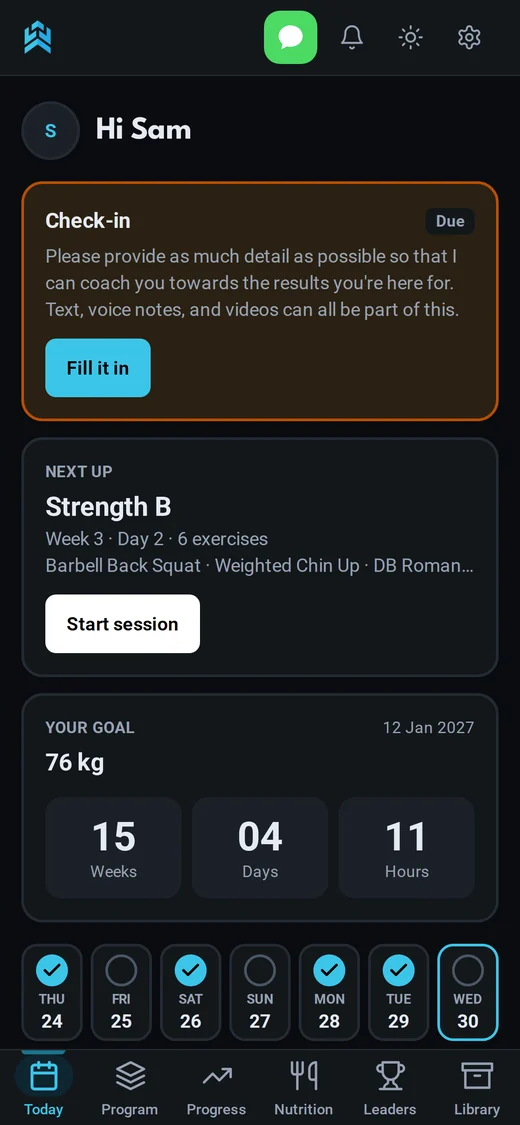 LVL UP Training home screen with a check-in due, the next session and a goal countdown