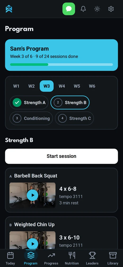 Program screen with a coaching video for every exercise