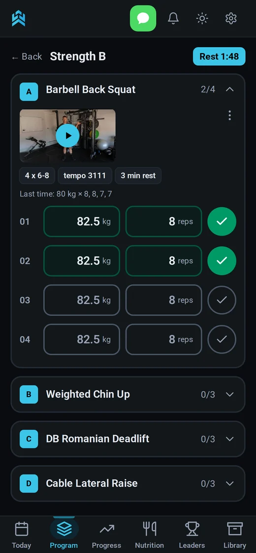 Workout logger with sets ticked off and a rest timer running